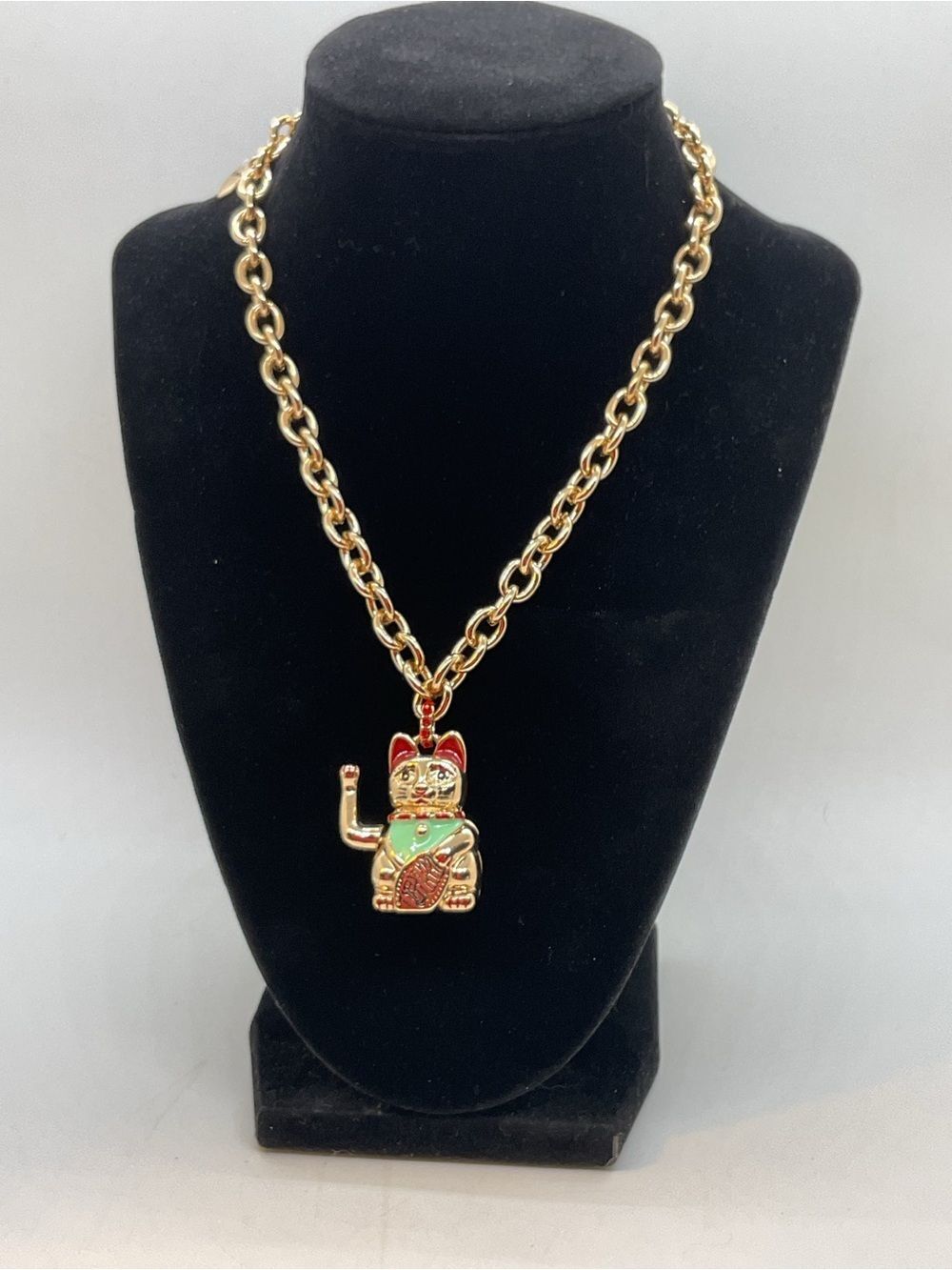Betsey Johnson Gold-tone Lucky Cat Pendant Necklace with Red & Green Enamel